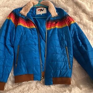 Aviator Nation Blue Puffer Jacket with Multicolor Stripes
